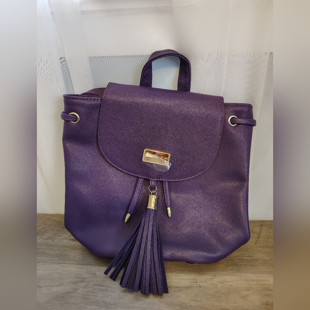 MONAT Purple Faux Leather Backpack Purse Tassel Gold Tone NWOT